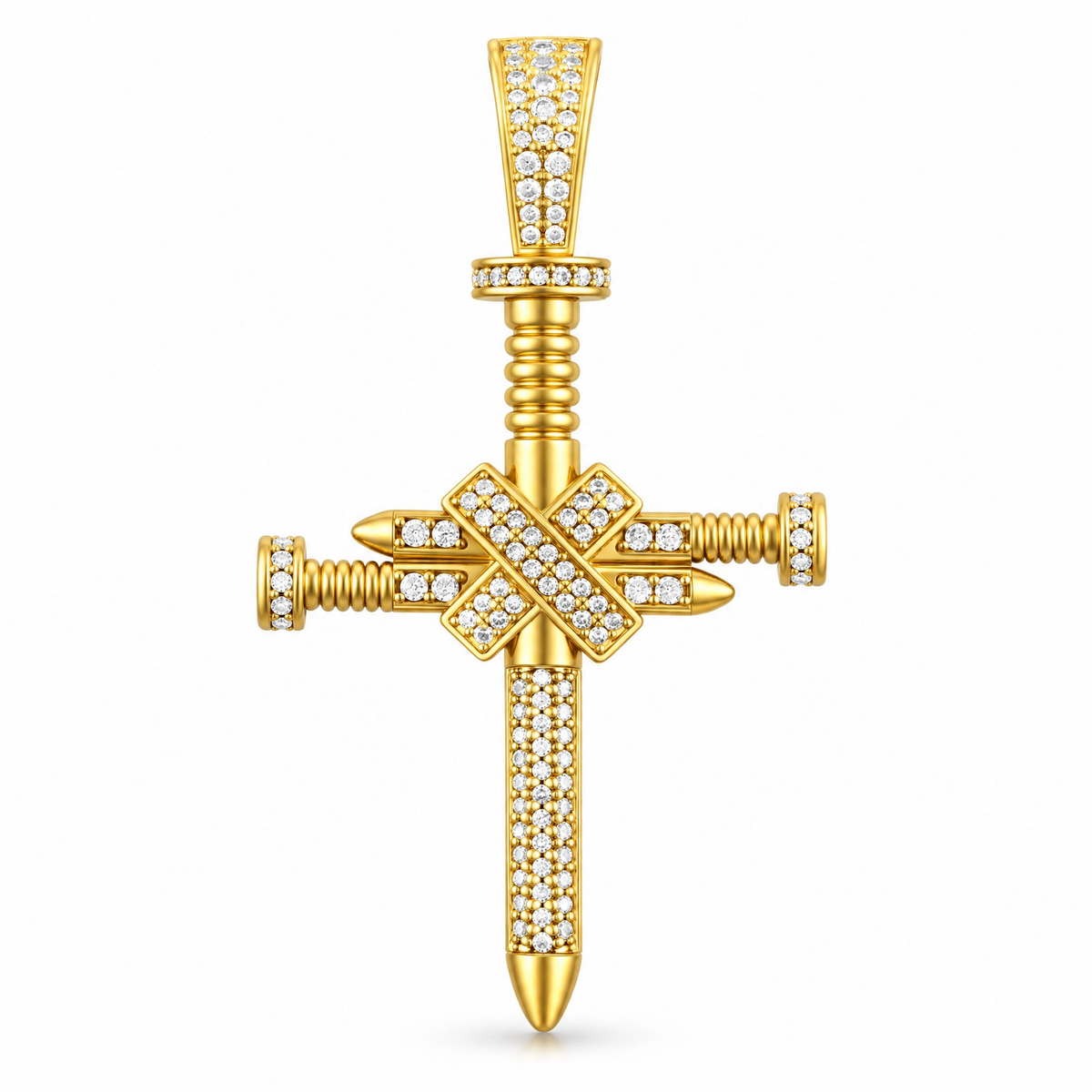 14K Gold Iced Nail Cross Pendant