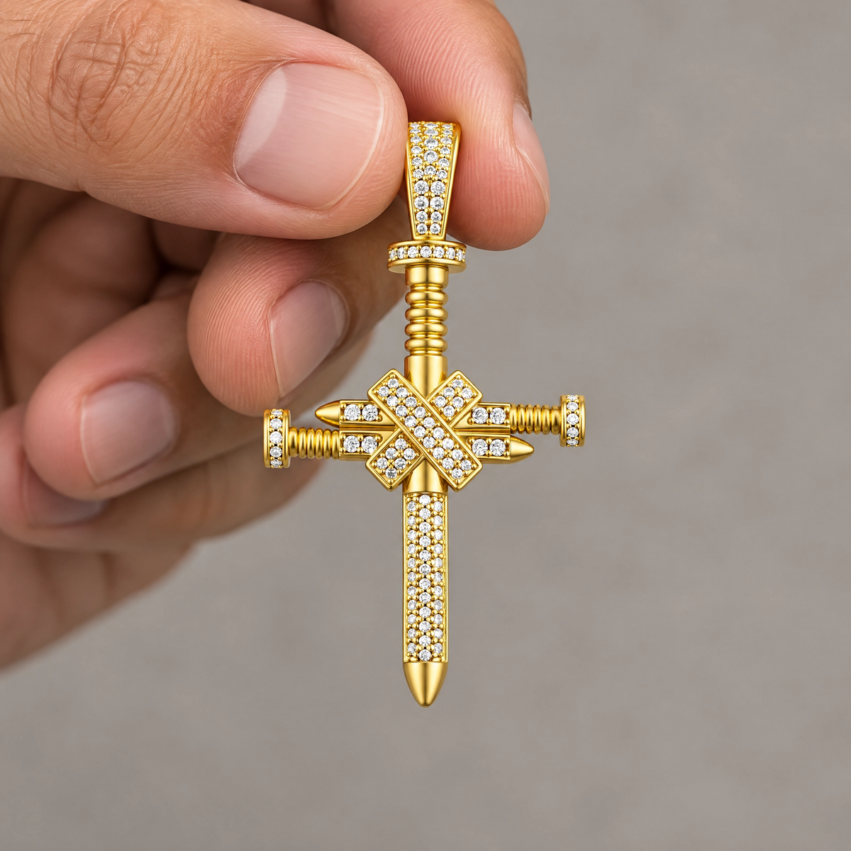 14K Gold Iced Nail Cross Pendant