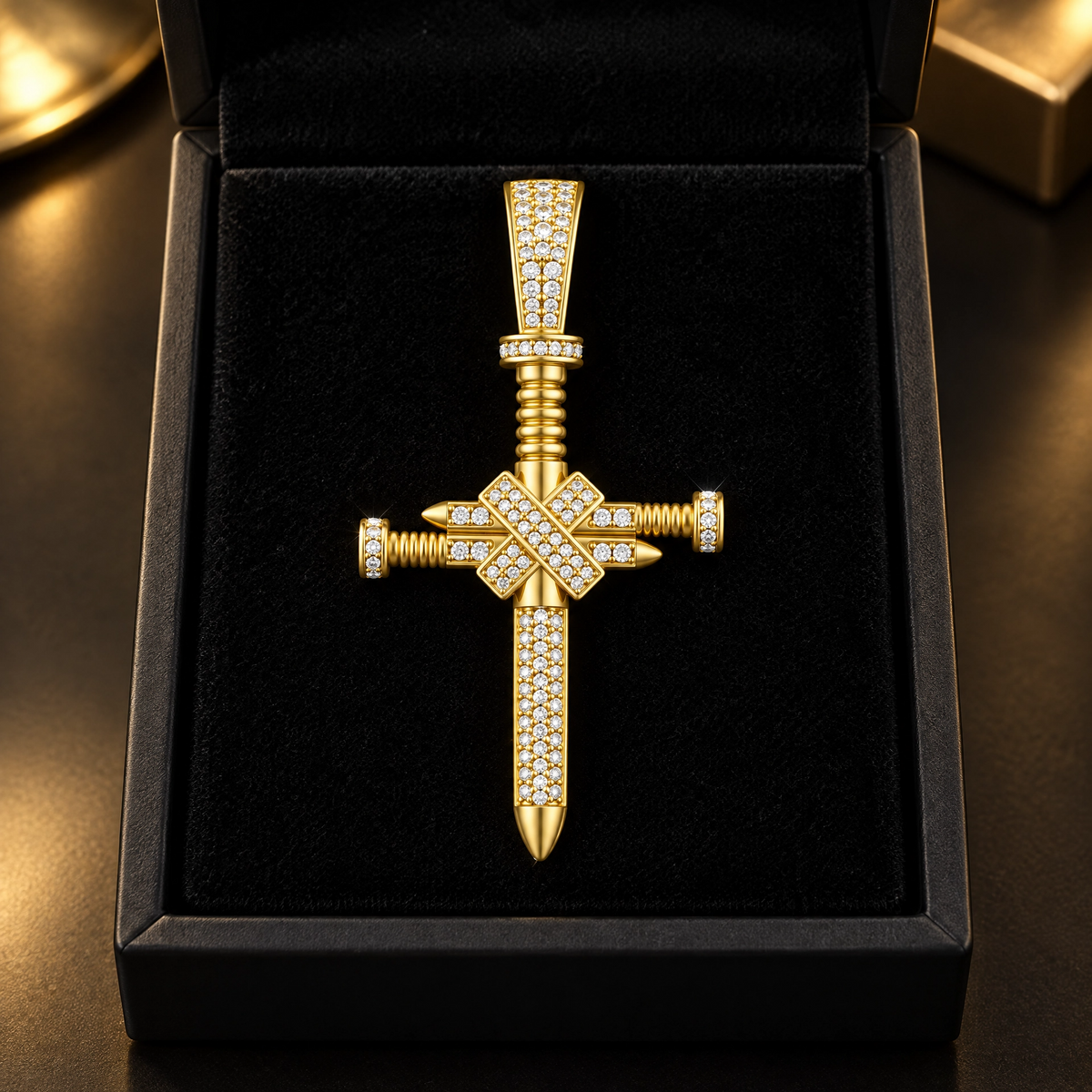 14K Gold Iced Nail Cross Pendant