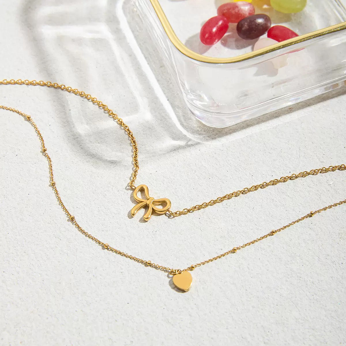 14K Gold Bow & Heart Layered Necklace