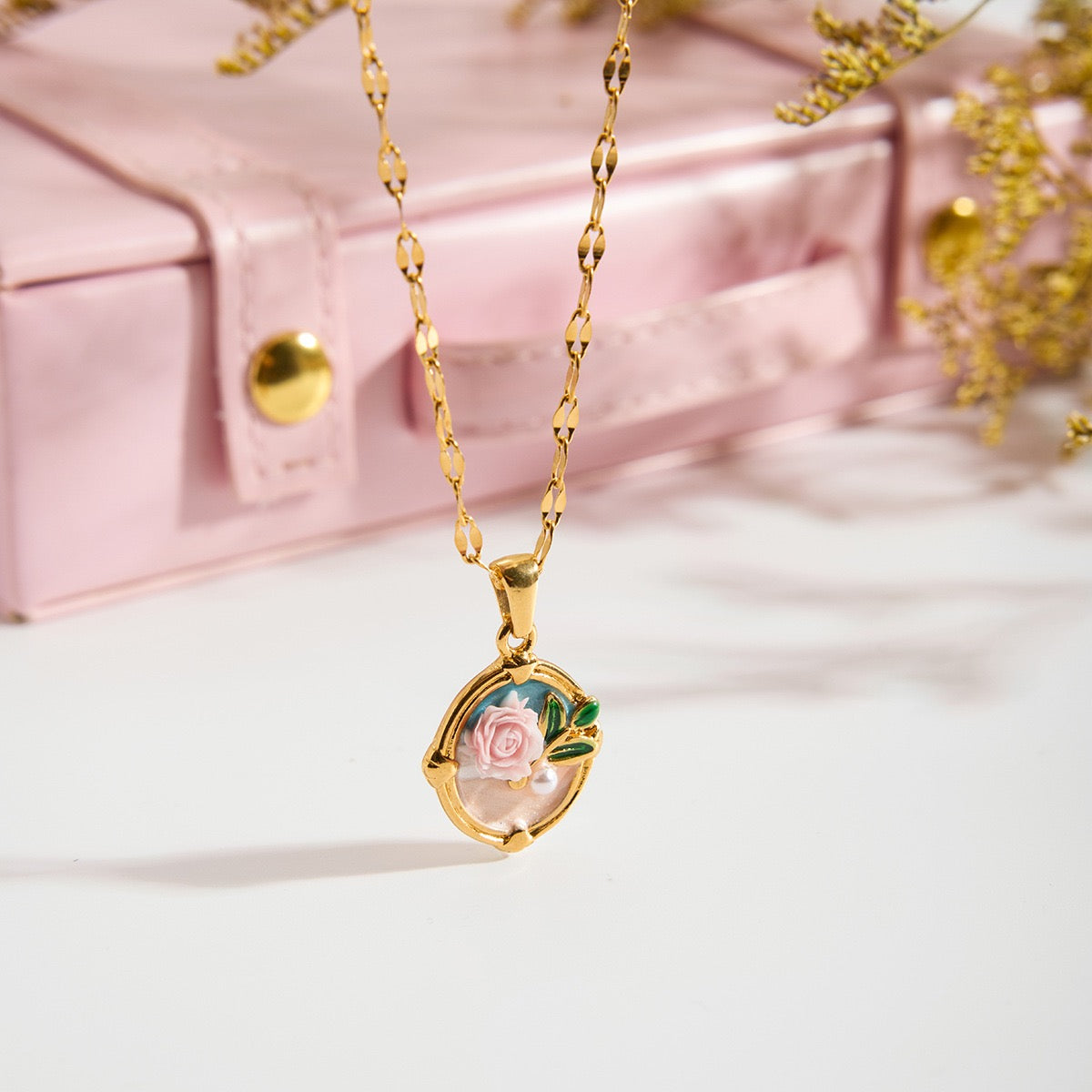 Vintage Enamel Rose Necklace