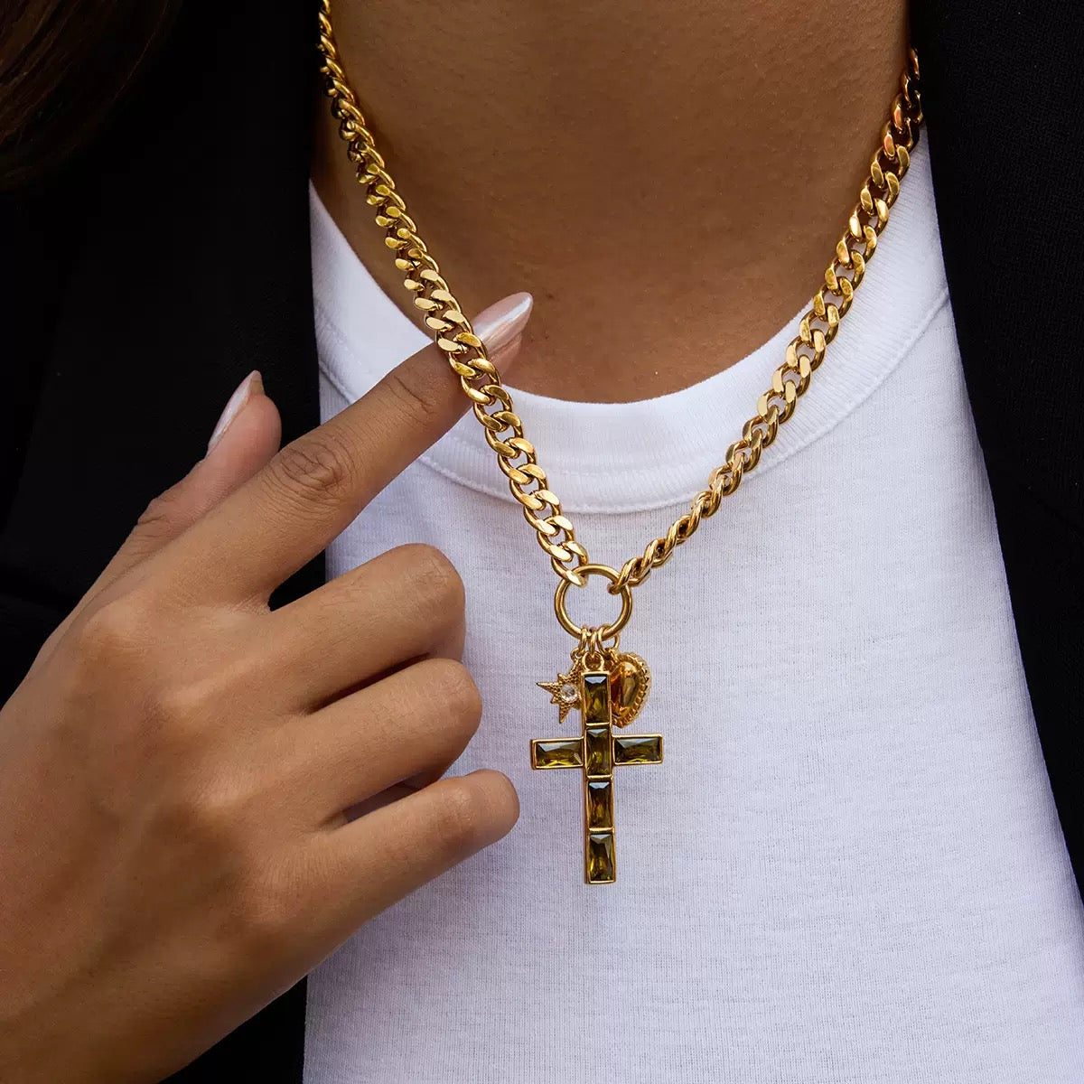14K Gold Cross Pendant Curb Chain Necklace