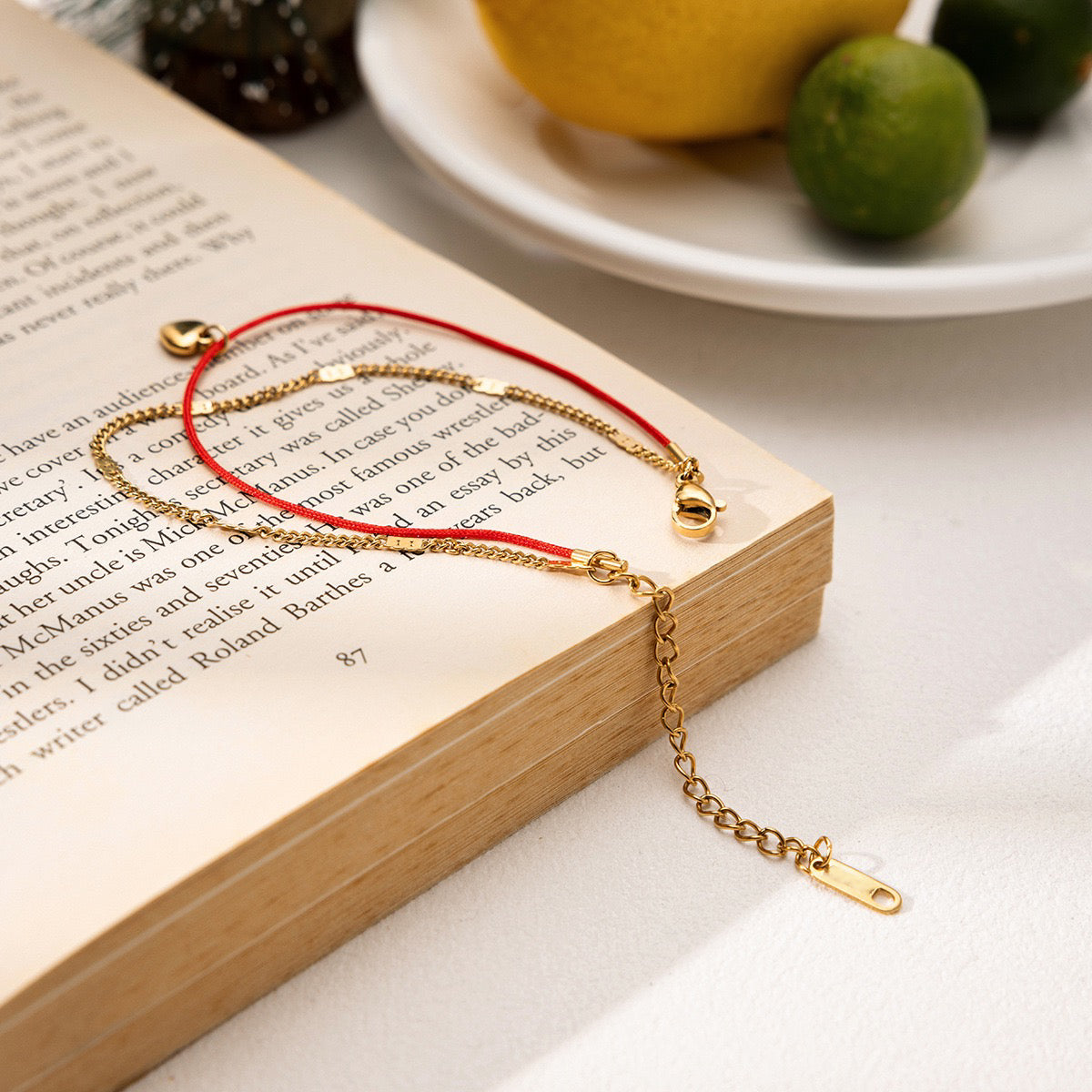14K Gold Heart Pendant Red Cord Double-Layer Bracelet