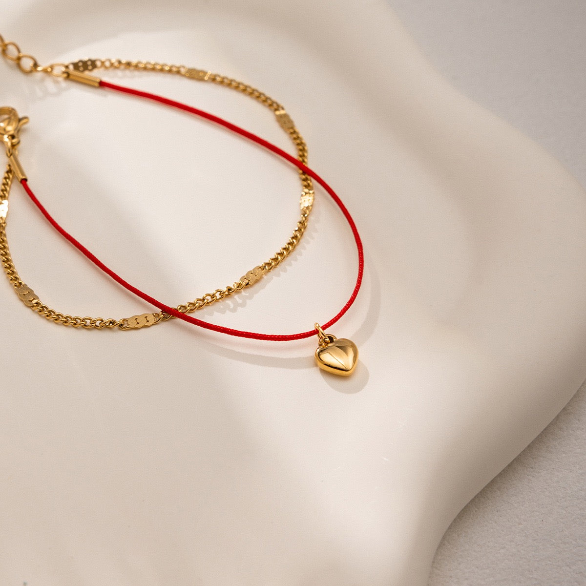 14K Gold Heart Pendant Red Cord Double-Layer Bracelet