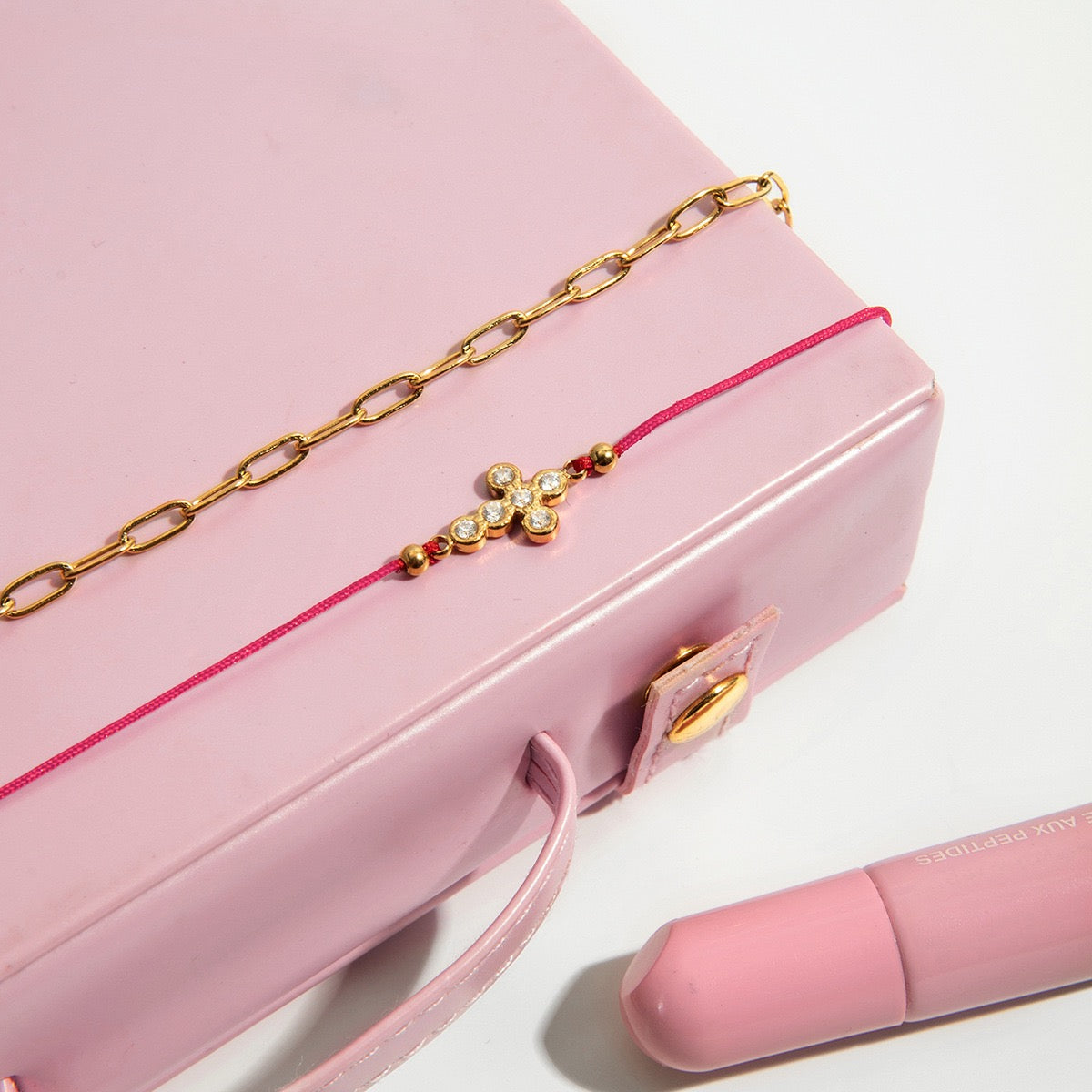 14K Gold Cross & Red Cord Layered Bracelet