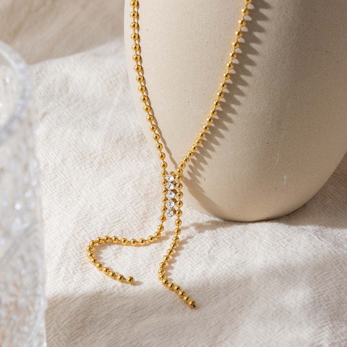 14K Gold Y-Shaped Crystal Bead Necklace