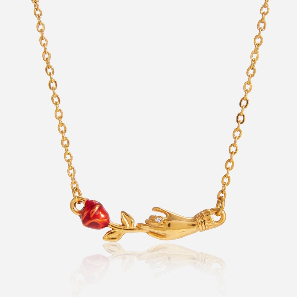 14K Gold “Red Rose in Hand” Pendant Necklace