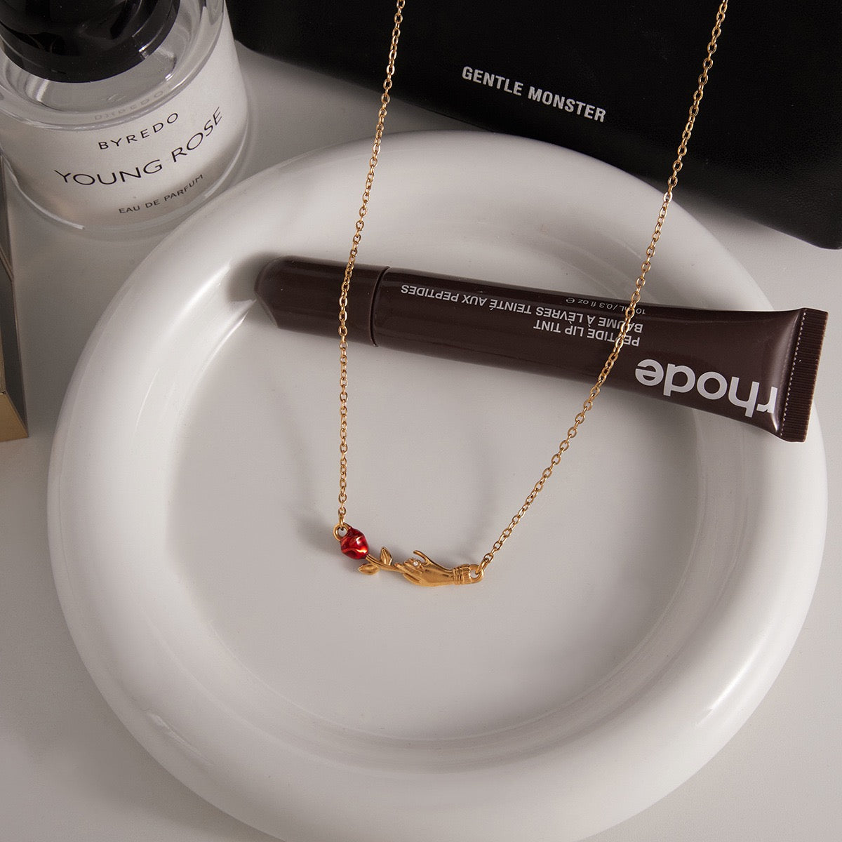 14K Gold “Red Rose in Hand” Pendant Necklace