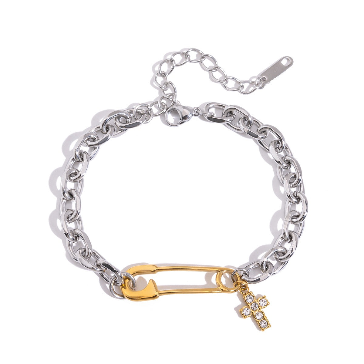 Two-Tone Cross & Safety Pin Pendant Bracelet