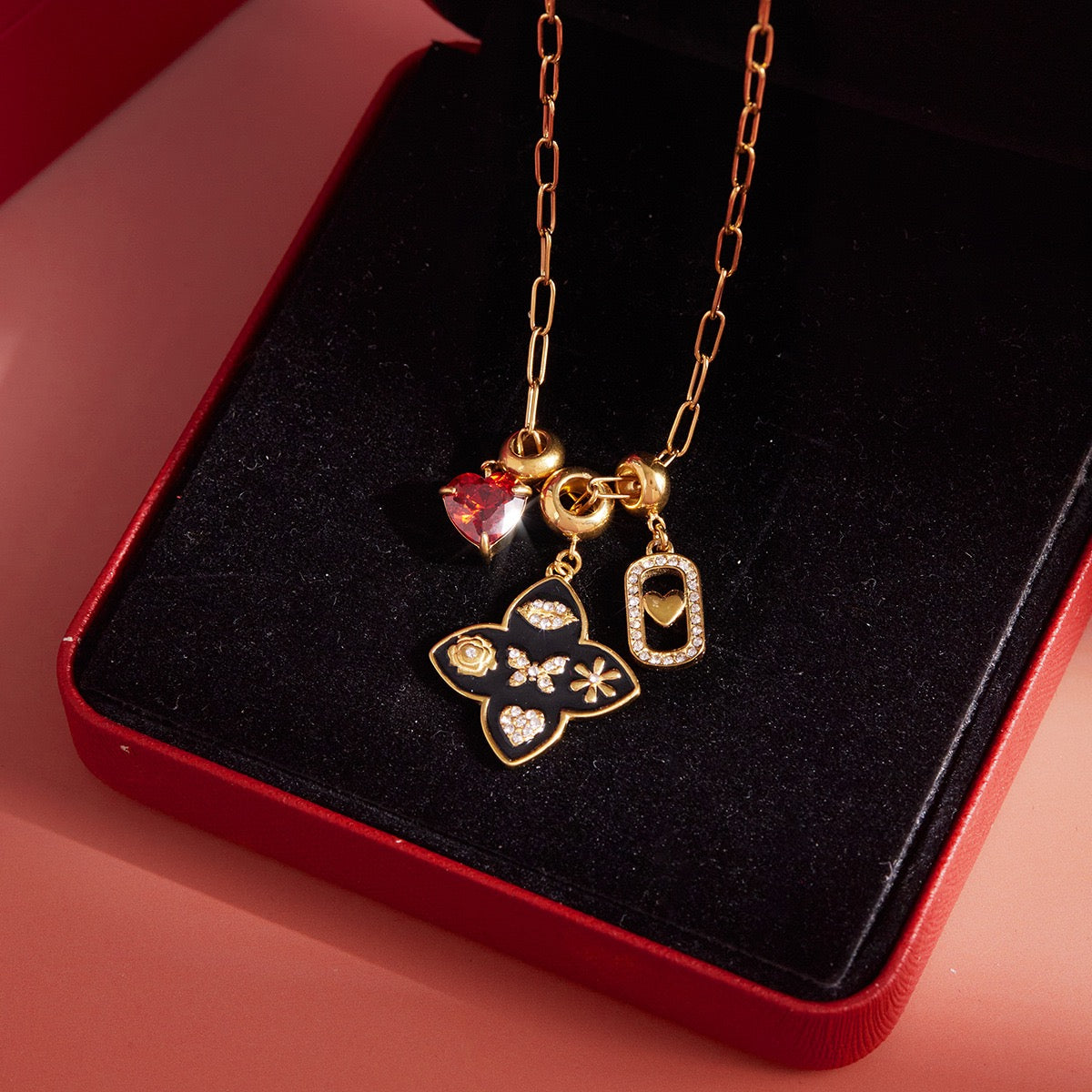 Lucky Heart Triple Charm Necklace