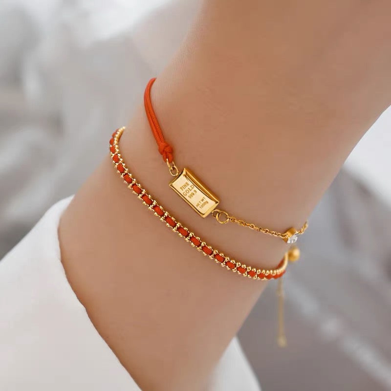 14K Gold Bar Red Cord Bracelet – Minimal Lucky Charm
