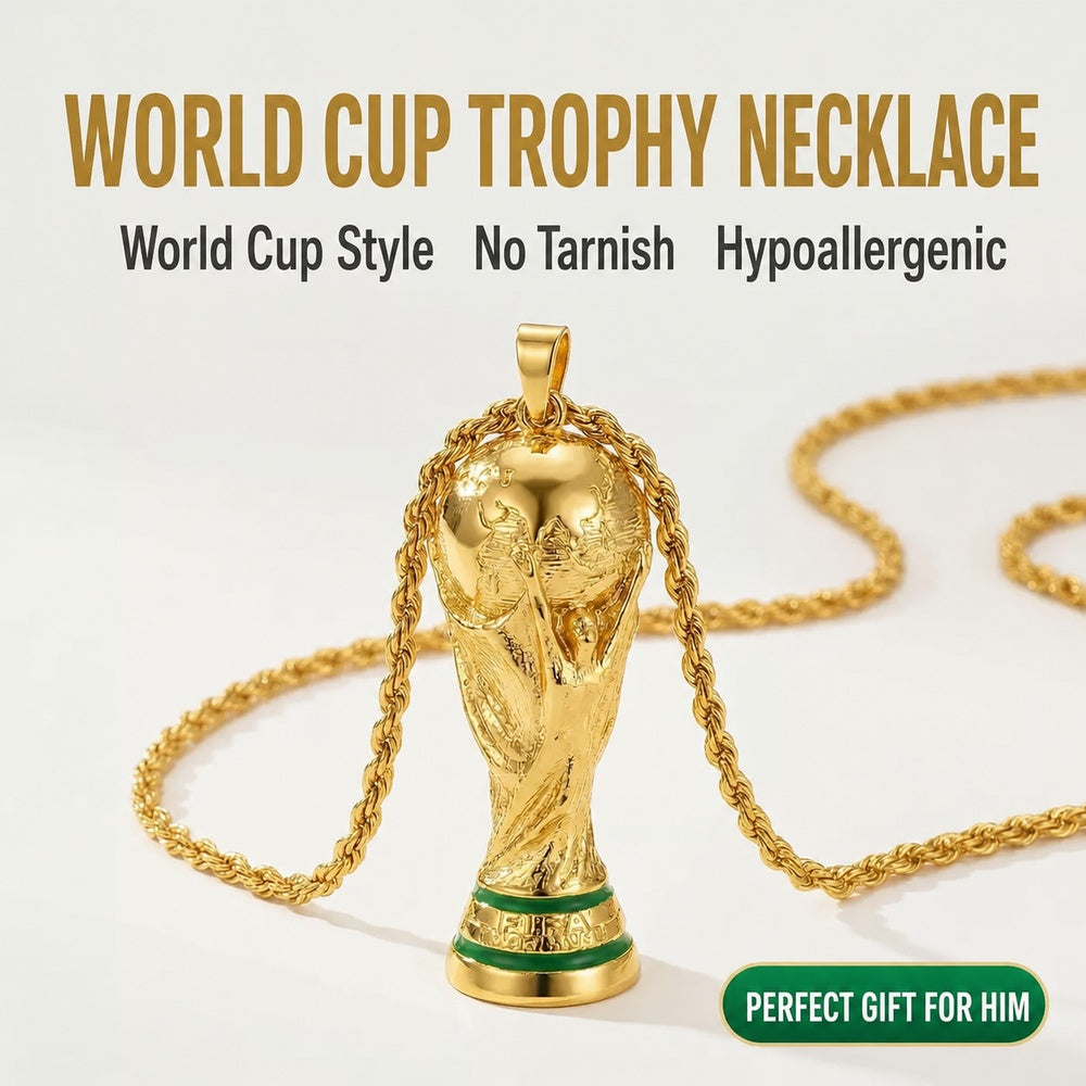 Gold World Cup Trophy Necklace — Waterproof, Hypoallergenic, 23.6" Chain