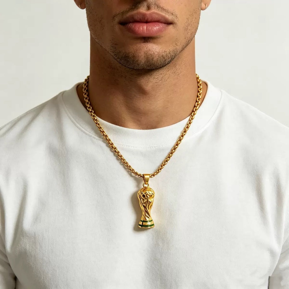 Gold World Cup Trophy Necklace — Waterproof, Hypoallergenic, 23.6" Chain