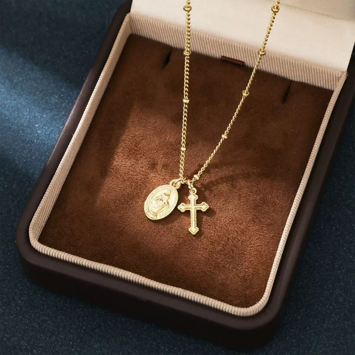 Tiny Virgin Mary & Cross Necklace