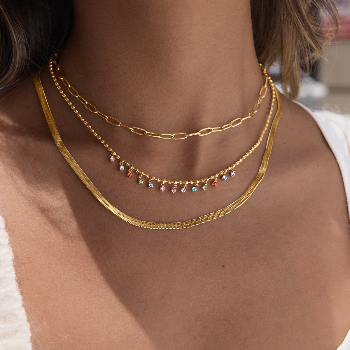 Rainbow Crystal Beaded Necklace in 14K Gold