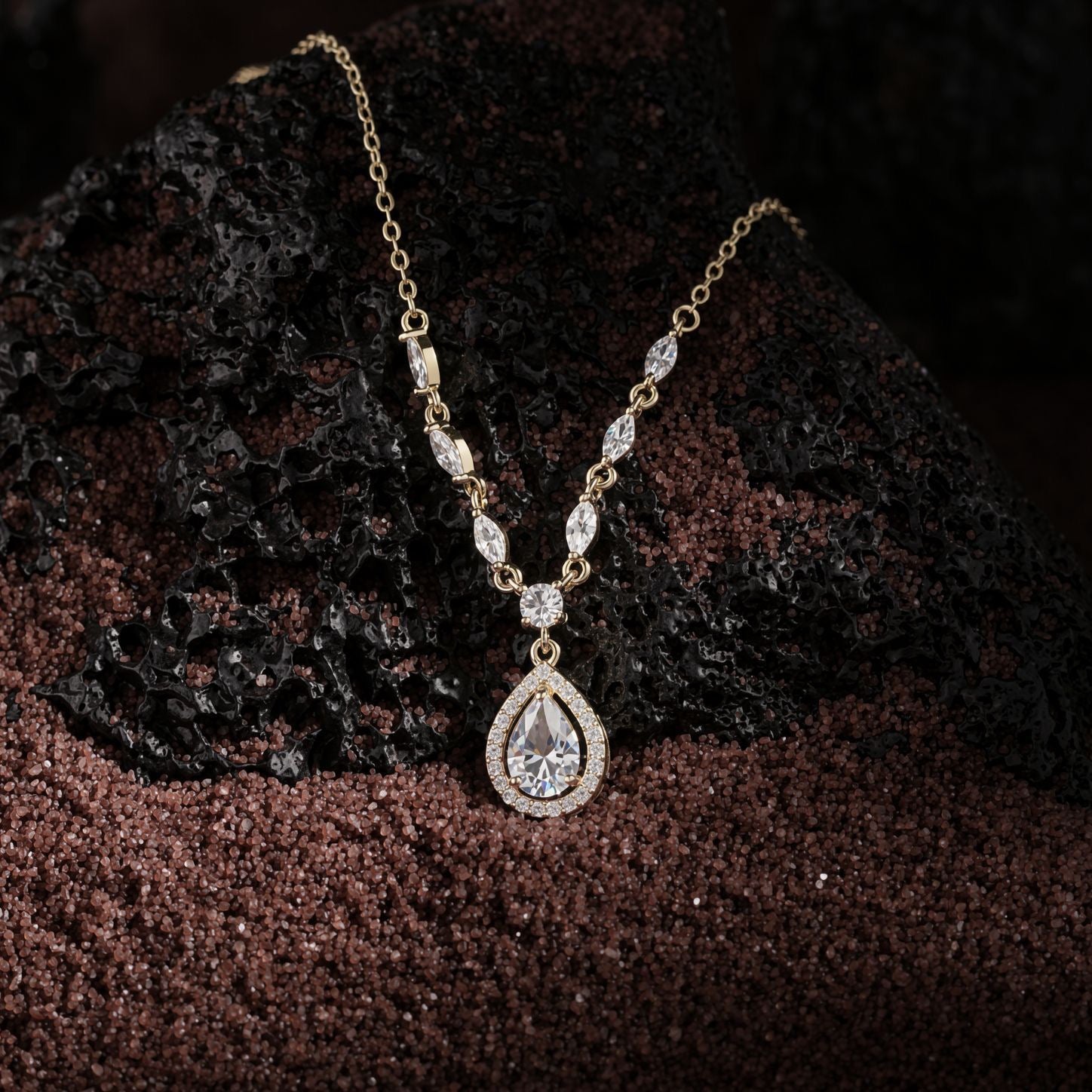 14K Gold Teardrop Halo Pendant Necklace