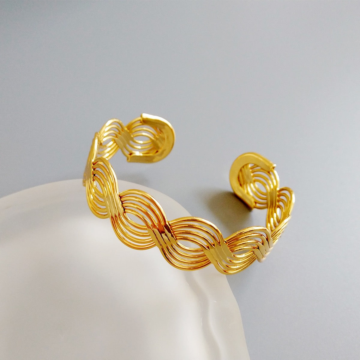 14K Gold Wave Cuff Bracelet — Sculptural Open Bangle Bracelet