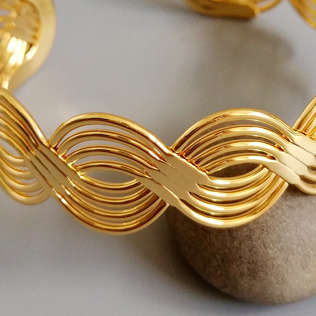14K Gold Wave Cuff Bracelet — Sculptural Open Bangle Bracelet