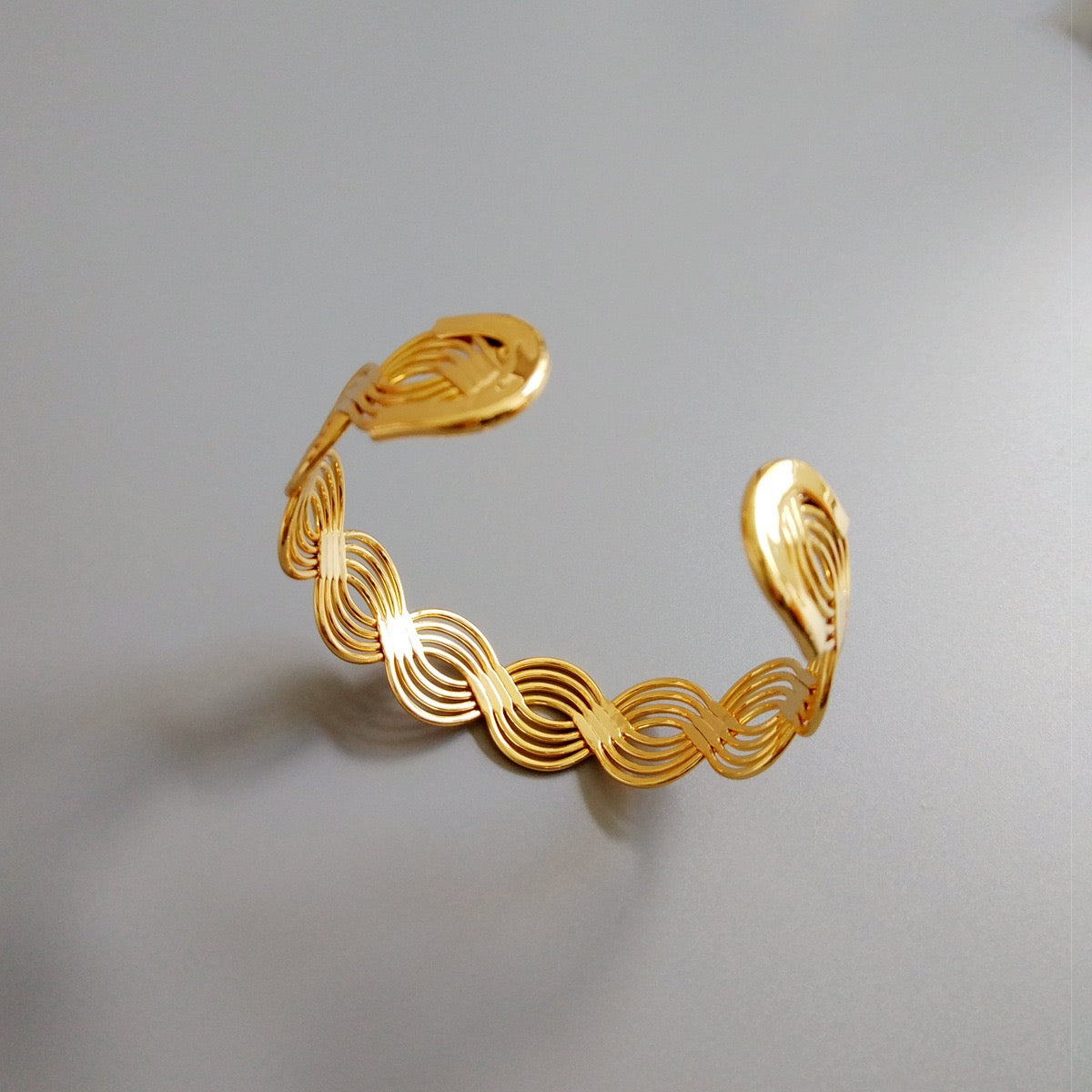 14K Gold Wave Cuff Bracelet — Sculptural Open Bangle Bracelet