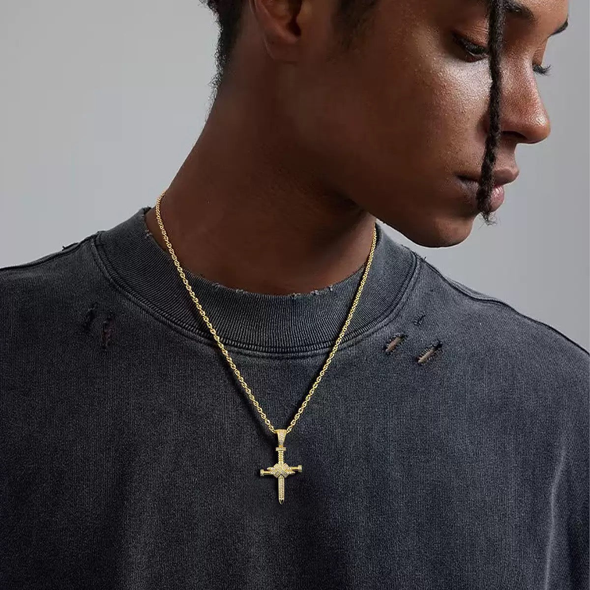 14K Gold Iced Nail Cross Pendant