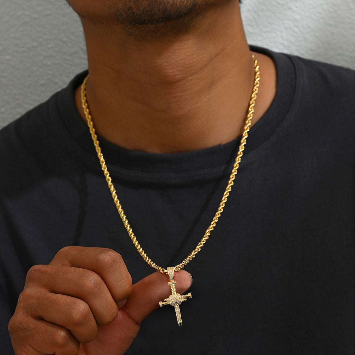 14K Gold Iced Nail Cross Pendant