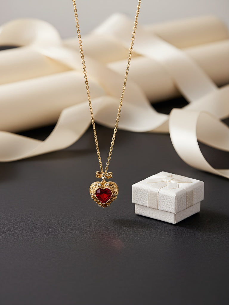 Vintage Ruby Heart Bow Necklace