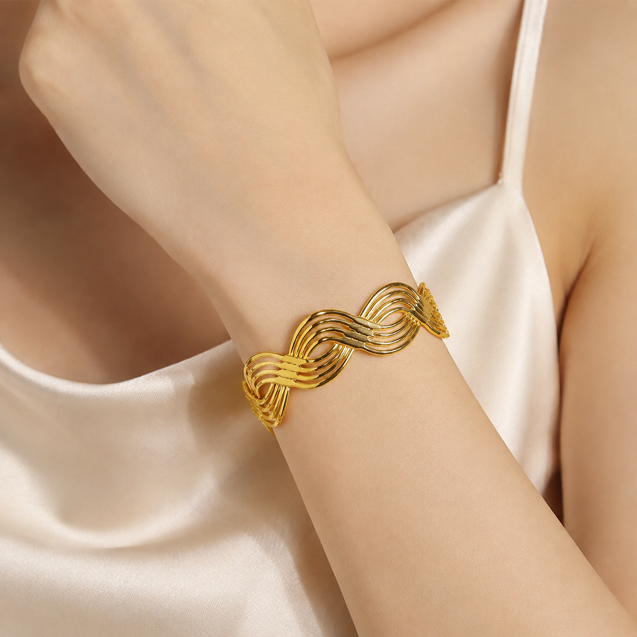 14K Gold Wave Cuff Bracelet — Sculptural Open Bangle Bracelet