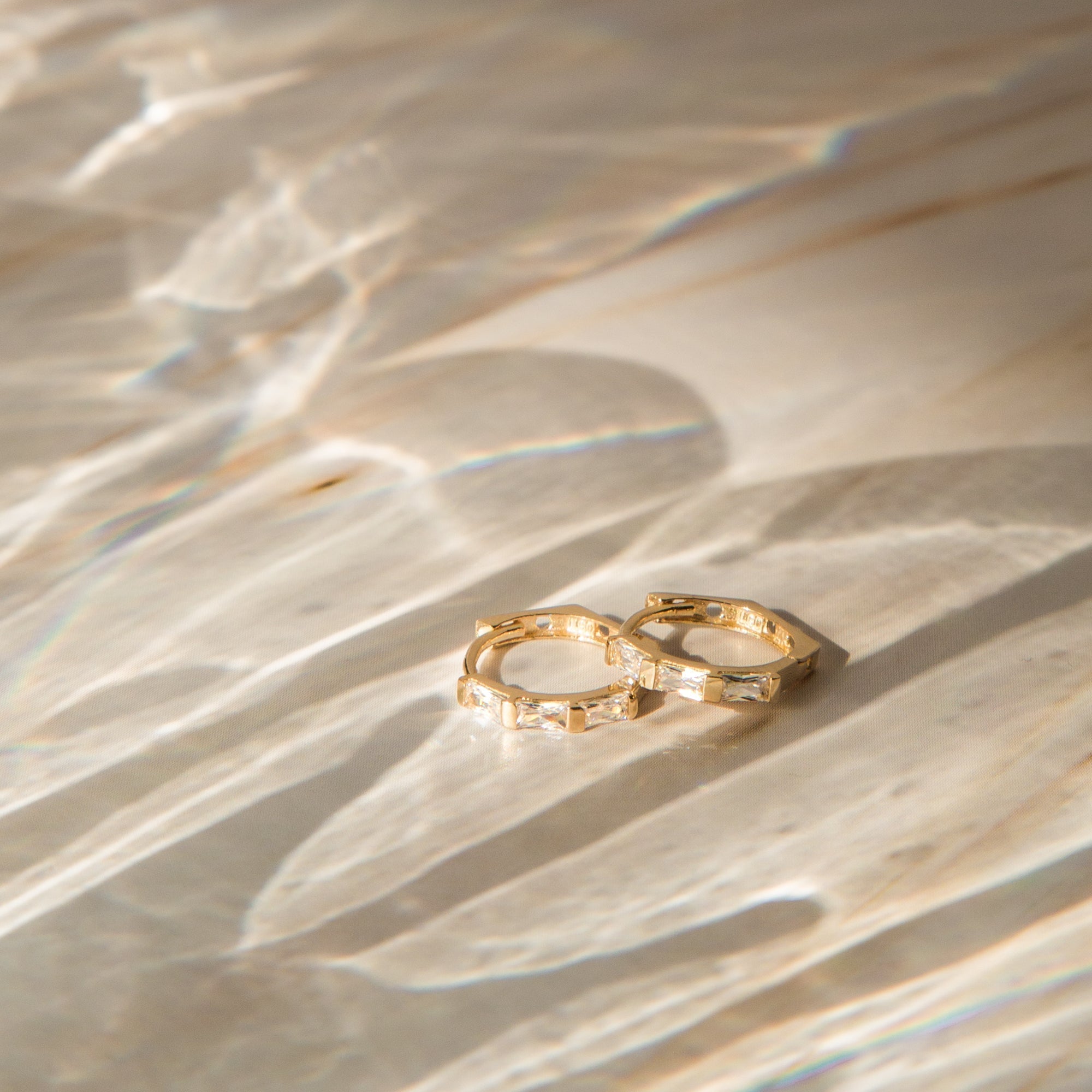 Triple Baguette Huggie Hoop Earrings - 14k Solid Gold