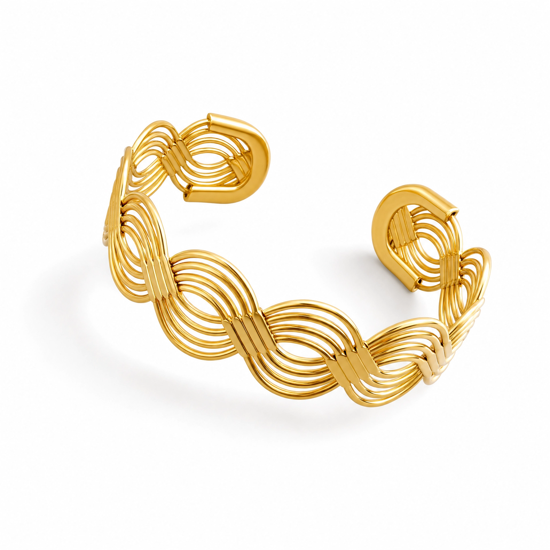 14K Gold Wave Cuff Bracelet — Sculptural Open Bangle Bracelet