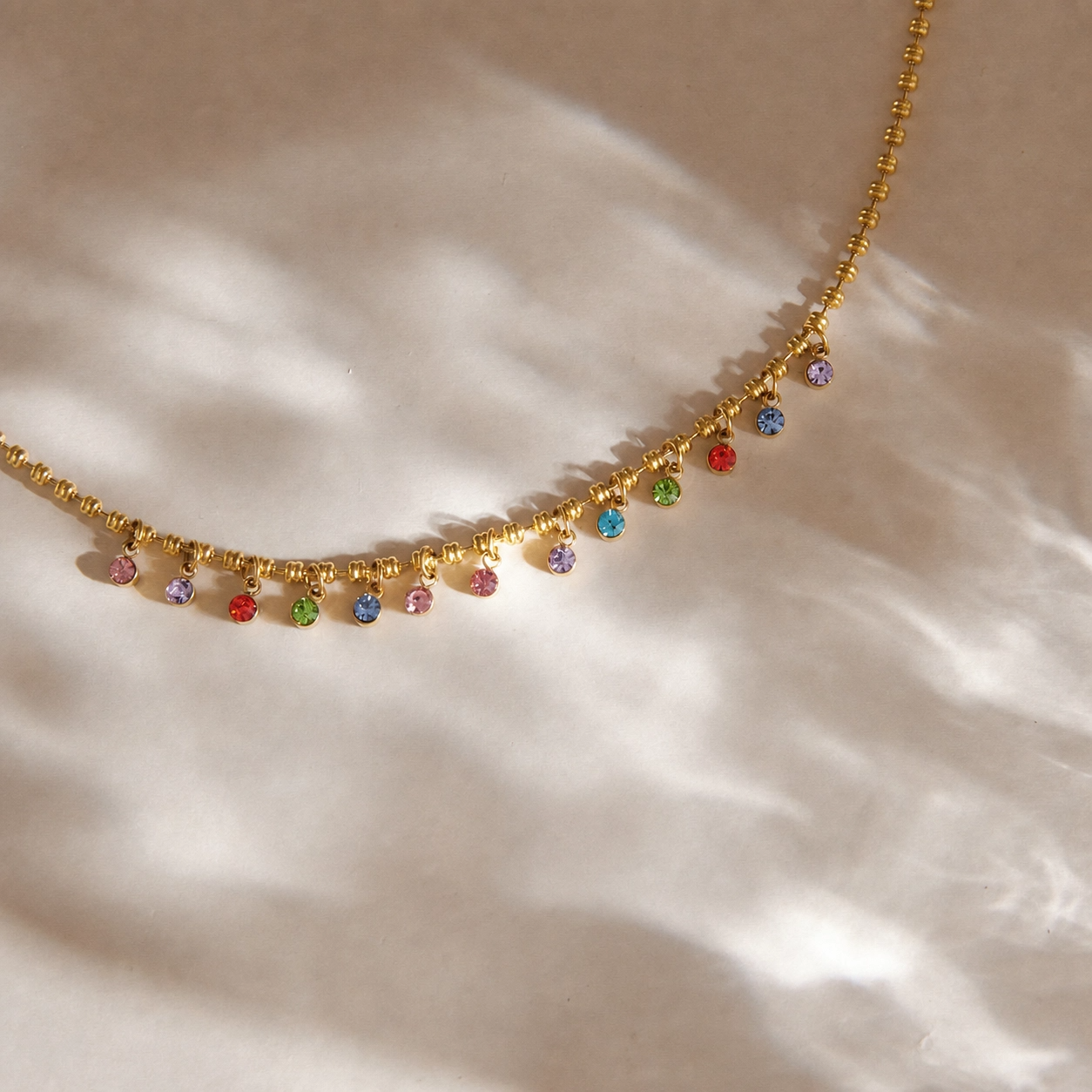 Rainbow Crystal Beaded Necklace in 14K Gold
