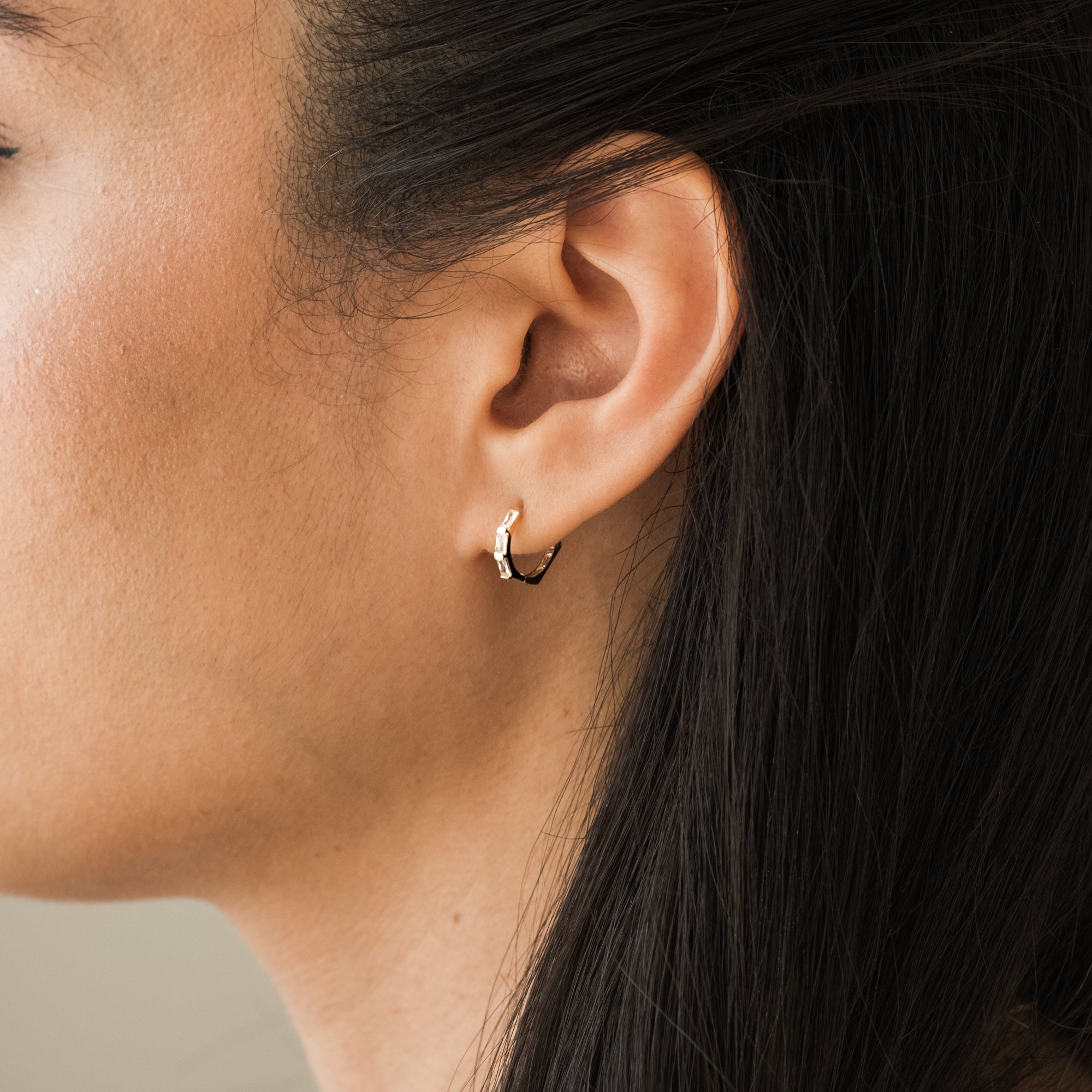 Triple Baguette Huggie Hoop Earrings - 14k Solid Gold