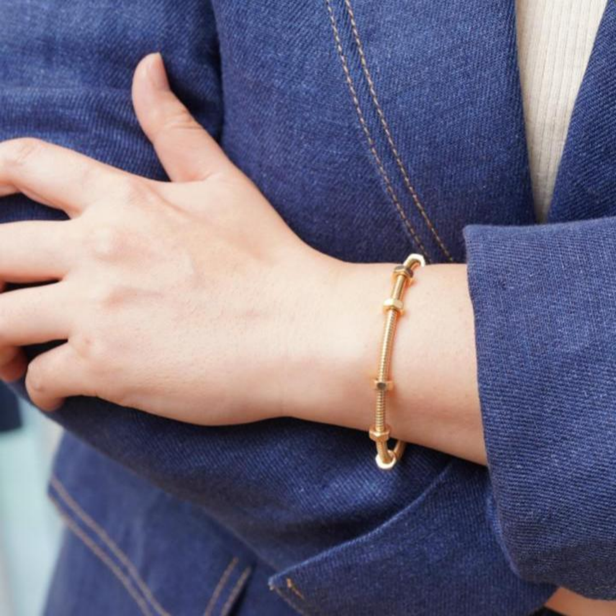 14K Gold Screw Texture Open Cuff Bracelet