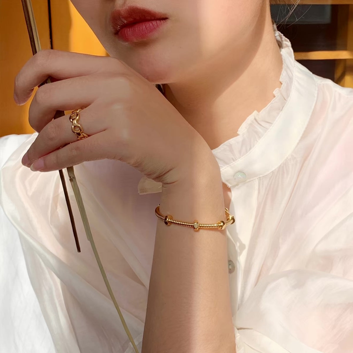 14K Gold Screw Texture Open Cuff Bracelet