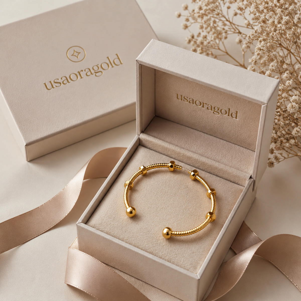14K Gold Screw Texture Open Cuff Bracelet