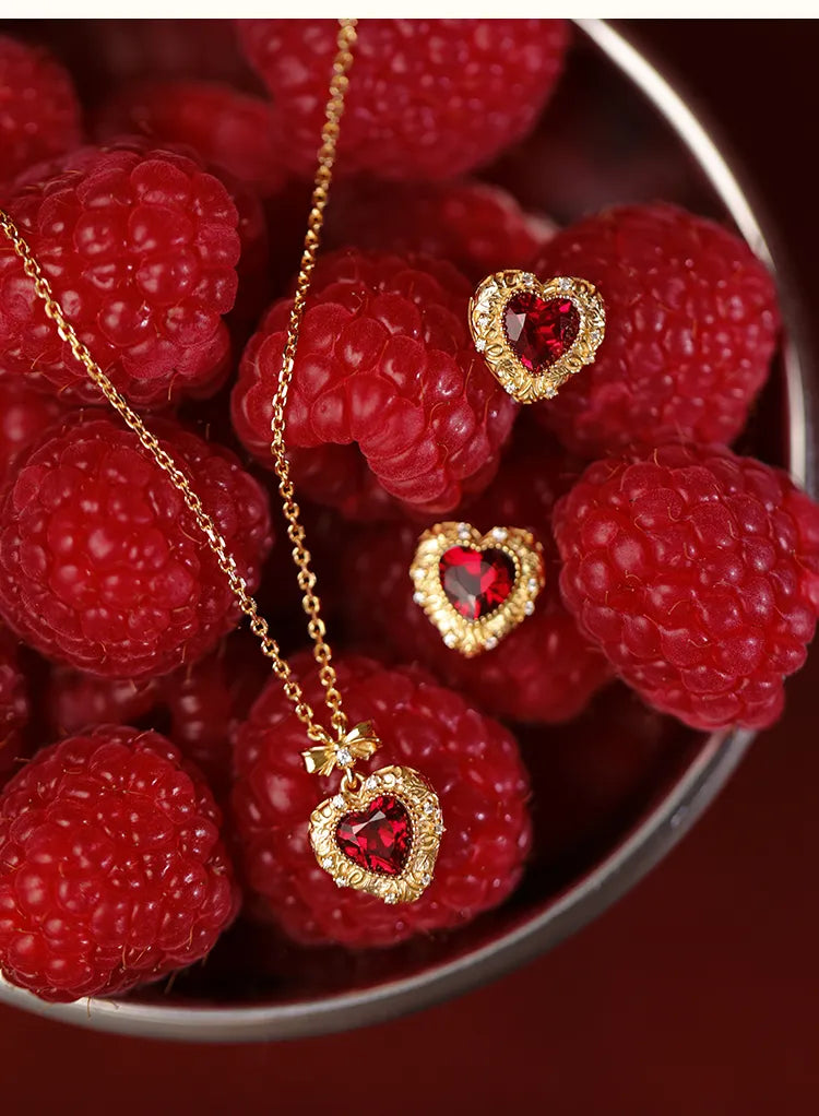 Vintage Ruby Heart Bow Necklace