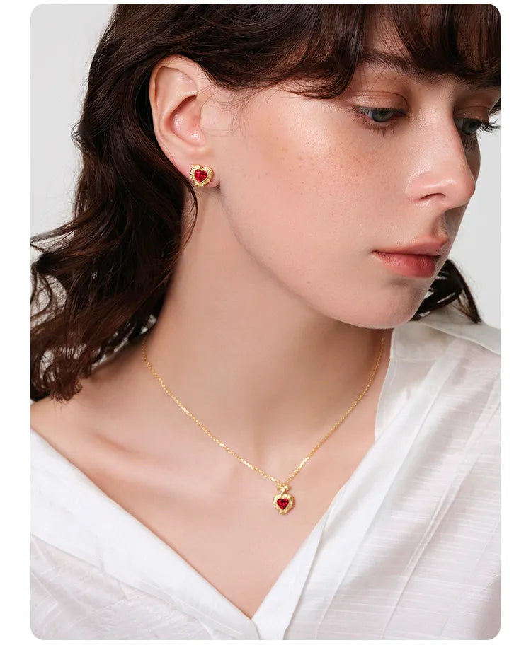 Vintage Ruby Heart Bow Necklace