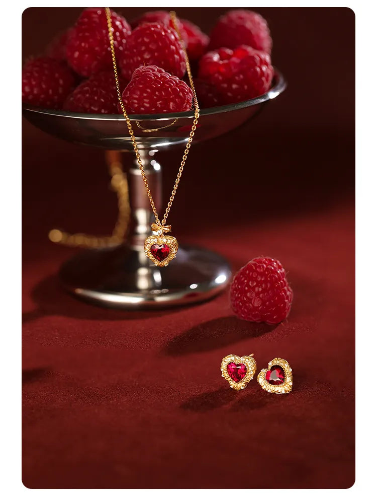 Vintage Ruby Heart Bow Necklace
