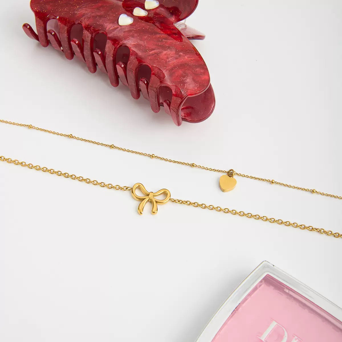 14K Gold Bow & Heart Layered Necklace