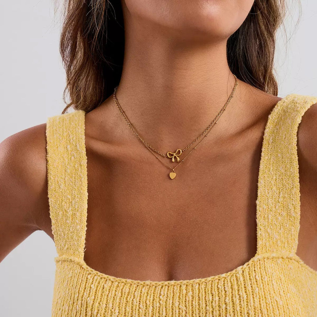 14K Gold Bow & Heart Layered Necklace