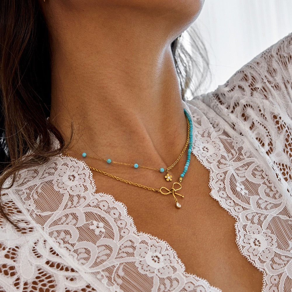 14K Gold Turquoise Bow Layered Necklace