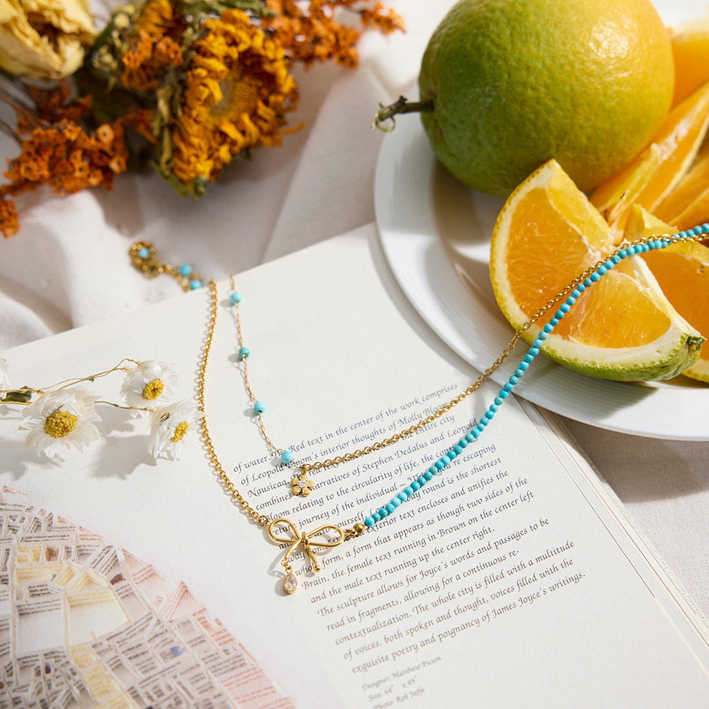 14K Gold Turquoise Bow Layered Necklace
