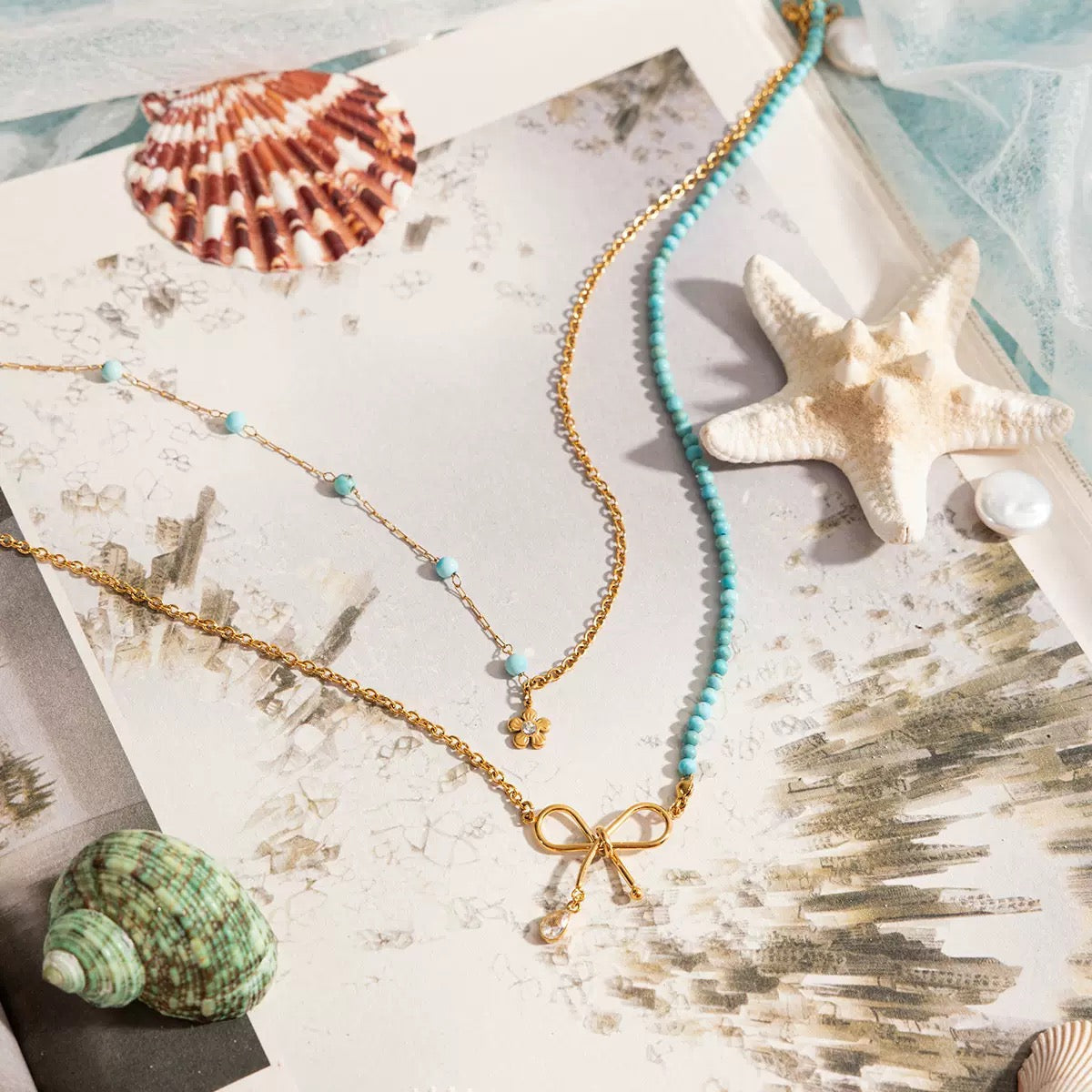 14K Gold Turquoise Bow Layered Necklace