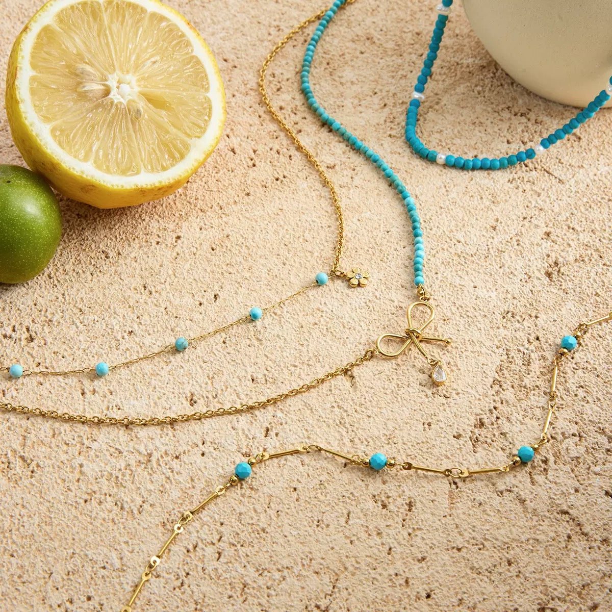 14K Gold Turquoise Bow Layered Necklace