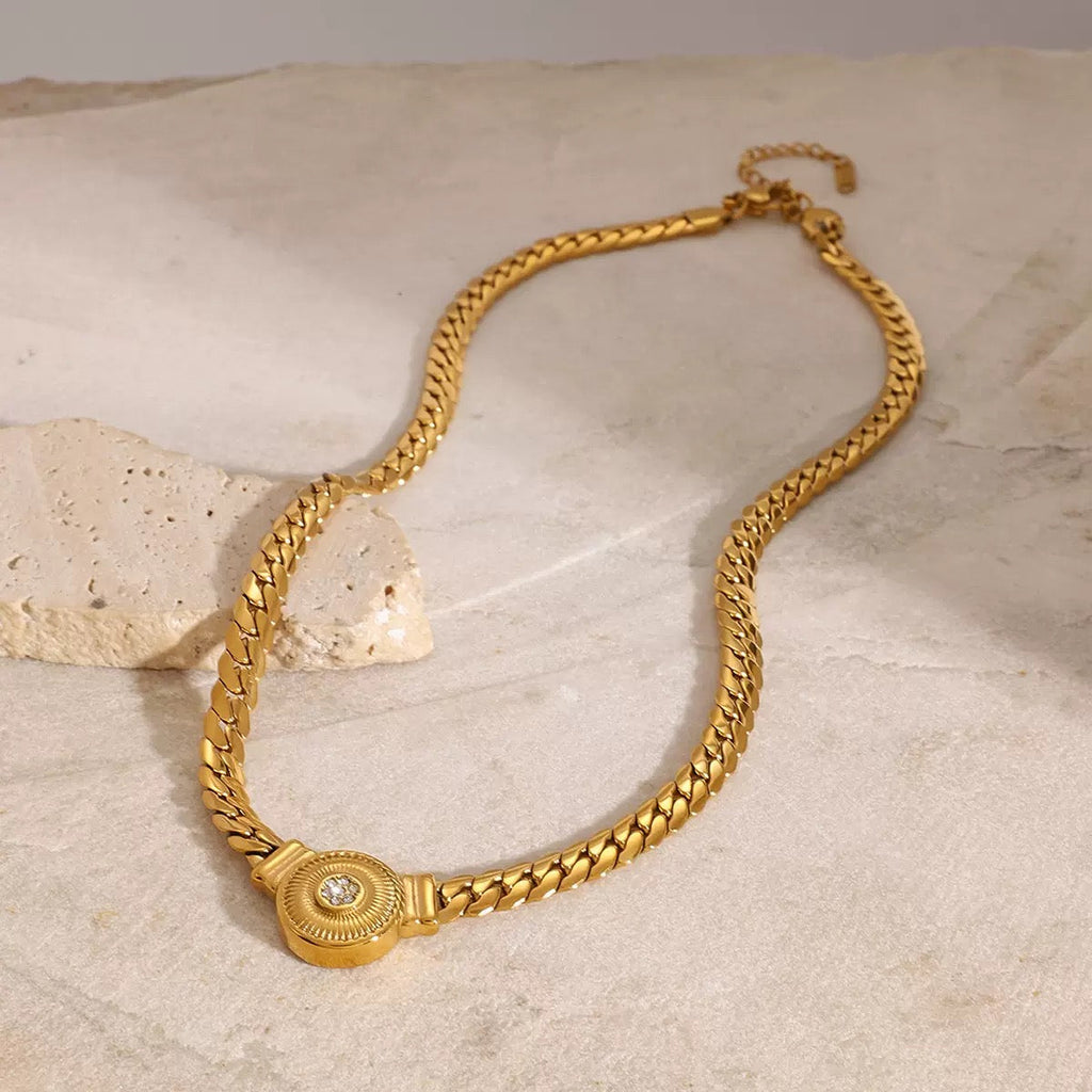 14K Gold Snake Chain with Round Pendant