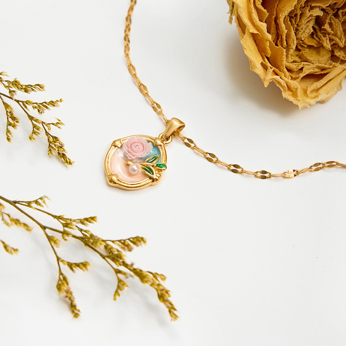 Vintage Enamel Rose Necklace