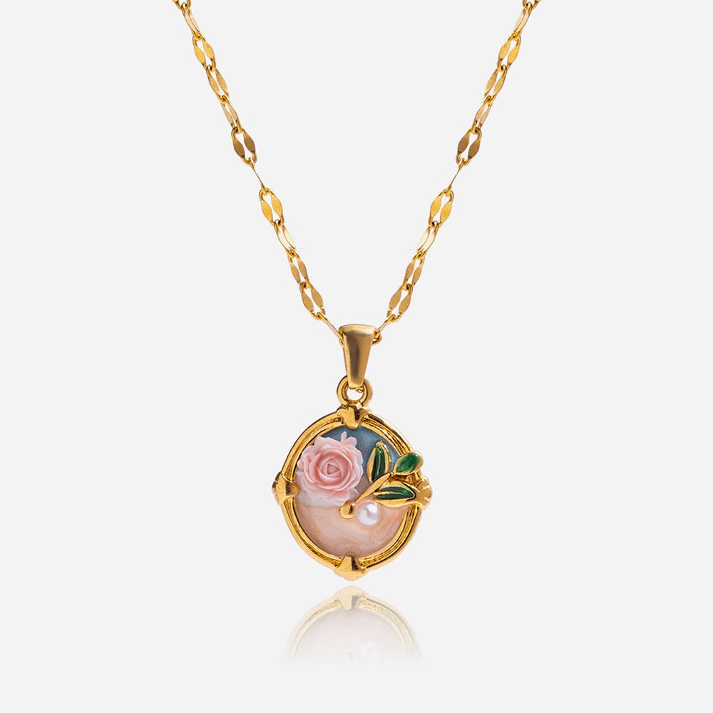 Vintage Enamel Rose Necklace