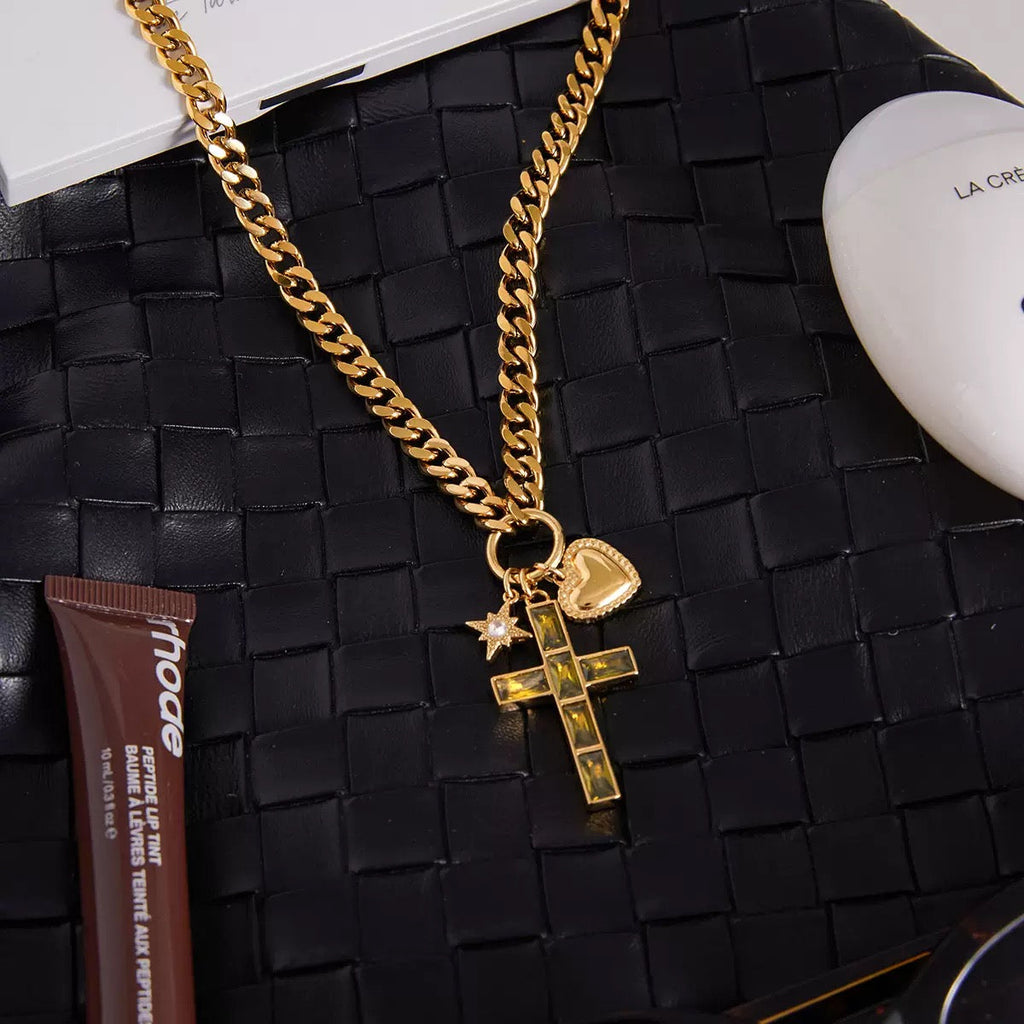 14K Gold Cross Pendant Curb Chain Necklace