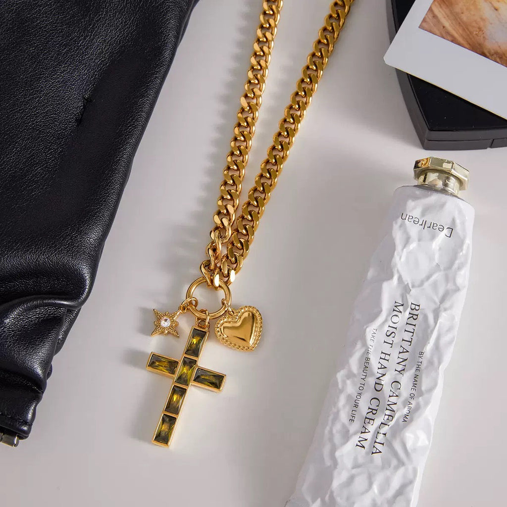 14K Gold Cross Pendant Curb Chain Necklace