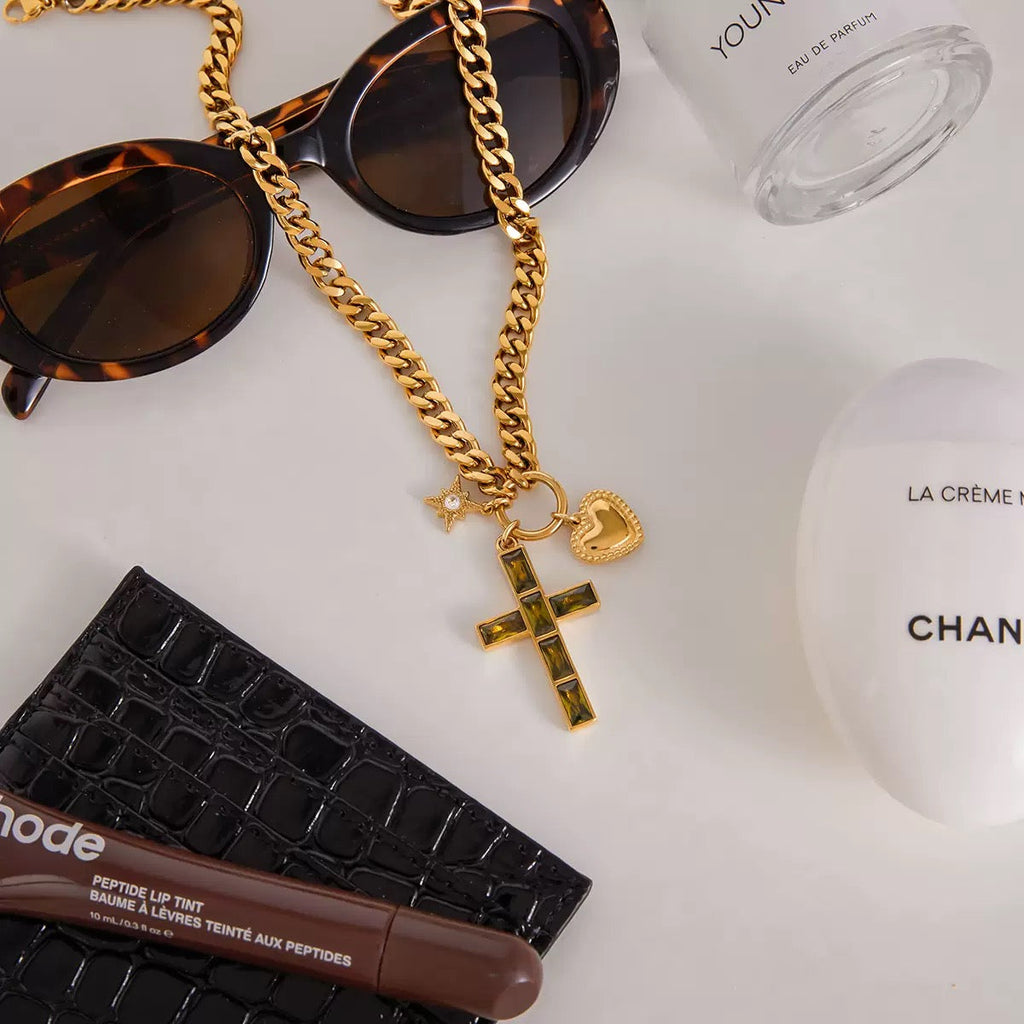 14K Gold Cross Pendant Curb Chain Necklace