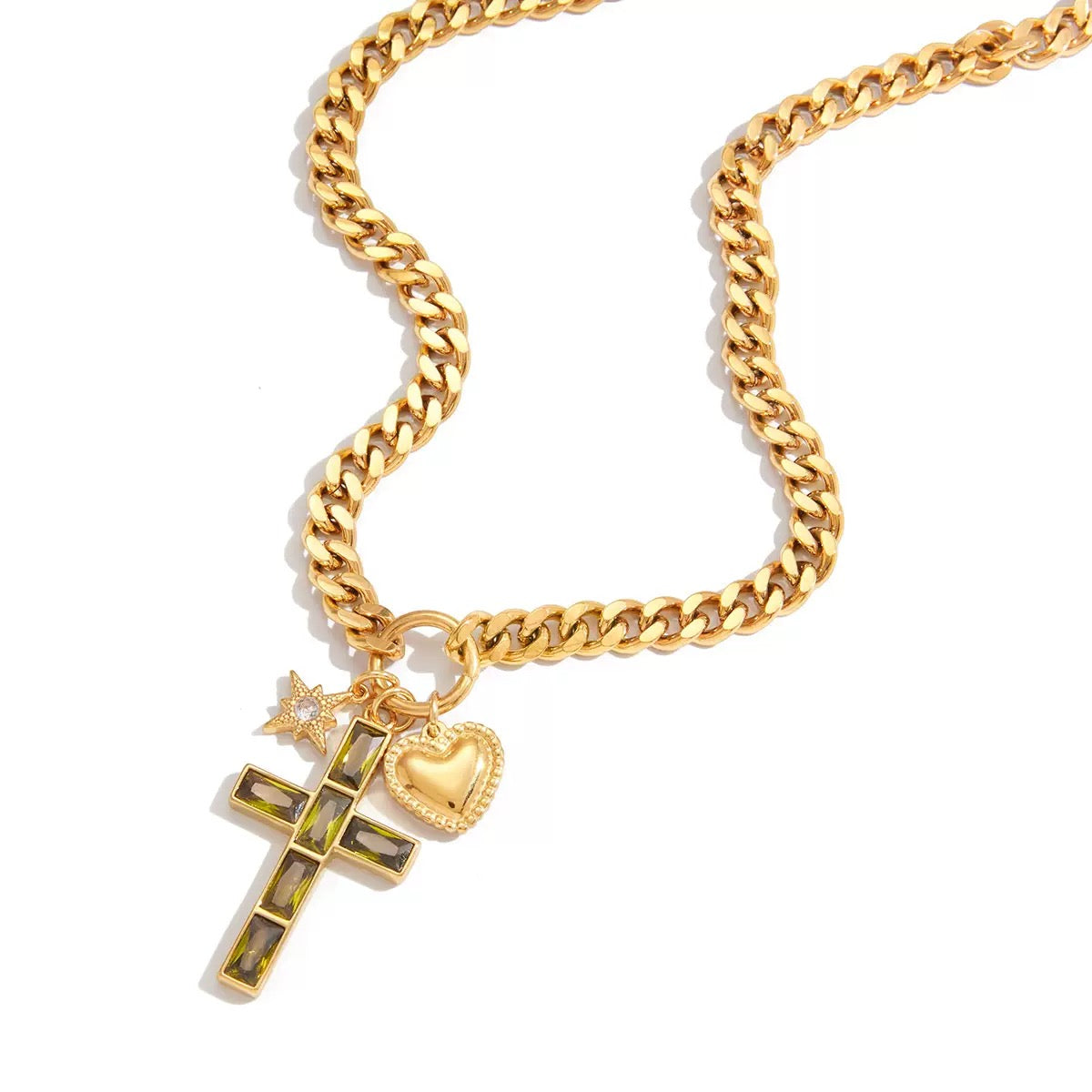 14K Gold Cross Pendant Curb Chain Necklace